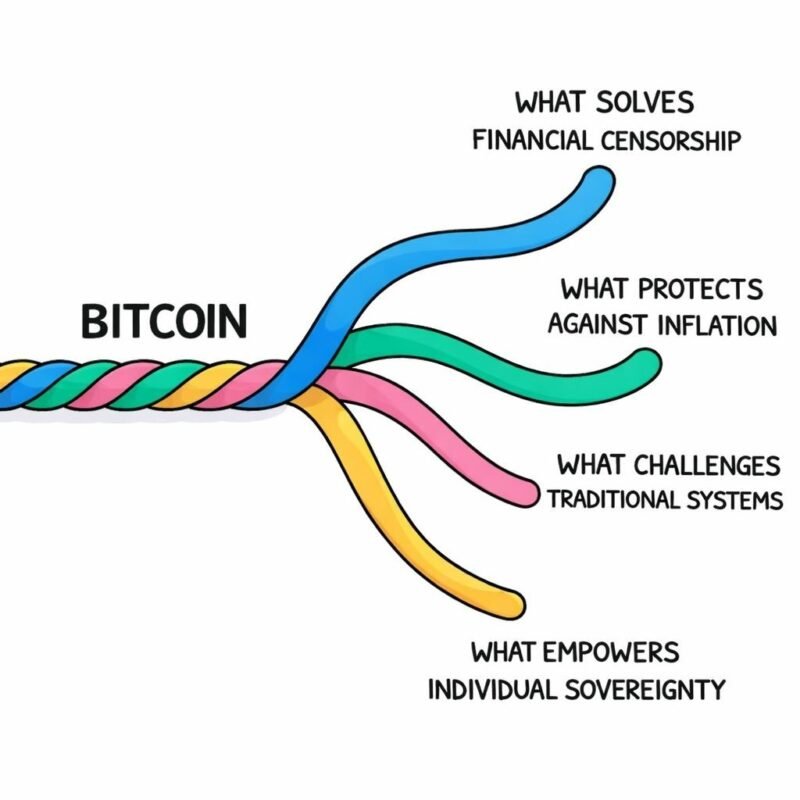 Bitcoin resuelve la censura financiera , protege de la inflación, desafía los sistemas tradicionales, empodera la soberanía individual.