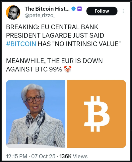 Lagarde dice que Bitcoin no tiene valor intrínseco